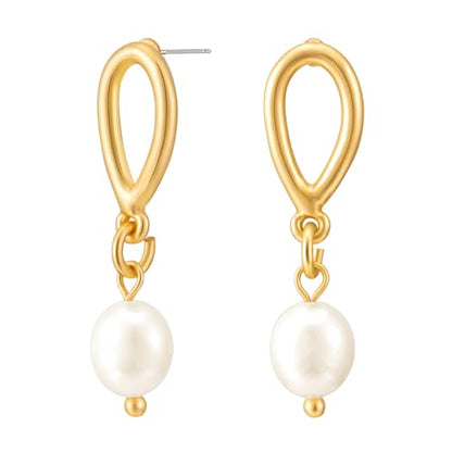 Gold Earrings 14k Gold Plated Hoop Earrings Dainty Pearl hoop Disc Coin Bead Starfish Teardrop Circle Dangle Drop Earrings for Women Hypoallergenic Jewelry Gifts - color: Pearl Earrings-A