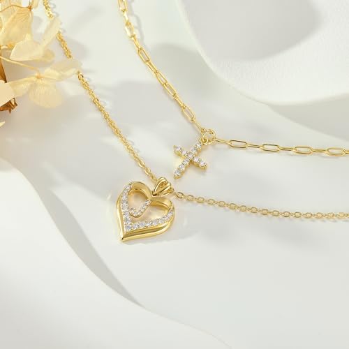 14K Gold Plated Layering Necklaces,Heart Initial Layered Necklace Cross Pendant Necklace Charm Personalized Stackable Jewelry Gift for Her - style: L