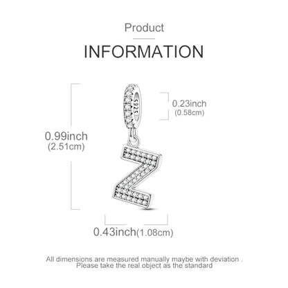 Hapour Letter 925 Sterling Silver Charm with Cubic Zirconia Alphabet A-Z Initial Dangle Charms Beads Pendent DIY Jewelry for Bracelets Necklace - color: Z