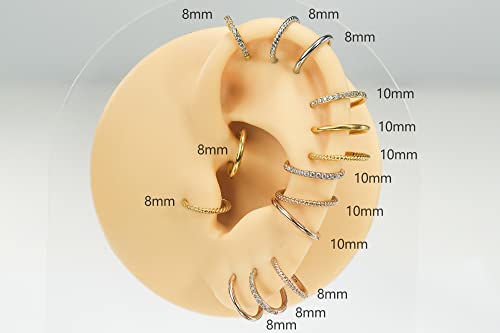 16G 18G 6mm 8mm 10mm Hinged Clicker Segment CZ Twisted Clicker Nose Rings Hoop Helix Cartilage Daith Tragus Sleeper Earrings Body Piercing for Women Men - style: 16G - 8mm - 3Pcs Gold