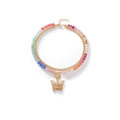 Colorful Acrylic Beaded Necklace For Women, Boho Double Layer Rainbow Beads Thick Cuban Chain Chunky Heart Pendant Statement Choker Summer Beach Jewelry Gift - color: Colorful Gold Hollow Butterfly