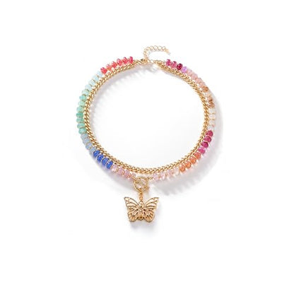 Colorful Acrylic Beaded Necklace For Women, Boho Double Layer Rainbow Beads Thick Cuban Chain Chunky Heart Pendant Statement Choker Summer Beach Jewelry Gift - color: Colorful Gold Hollow Butterfly
