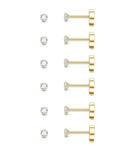 20G Hypoallergenic Surgical Steel Square Pearl Ball CZ Flat Back Stud Earrings for Sensitive Ear, Lightweight Shiny Earrings Studs for Helix Tragus Cartilage Multiple Piercing - color: Gold-P