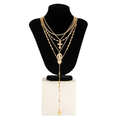Layered Cross Necklace Set for Women, Layered Choker Necklaces Trendy Jewelry, Colorful Enamel Beaded Y-Shaped Lariat Necklace, Boho Multilayer Cross Necklace for Party and Daily Wear - color: Gold-03