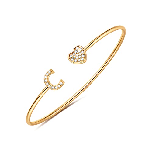 Gold Bracelets for Women Teen Girls, 14K Gold Plated Initial Heart Bangle | Adjustable Open Cuff Bracelet, Dainty Letter Jewelry, Daughter Sister Bridesmaid Friend, Birthday Christmas Graduation Gift - color: C.