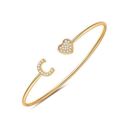 Gold Bracelets for Women Teen Girls, 14K Gold Plated Initial Heart Bangle | Adjustable Open Cuff Bracelet, Dainty Letter Jewelry, Daughter Sister Bridesmaid Friend, Birthday Christmas Graduation Gift - color: C.