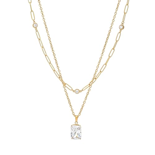 Birthstone Layered Pendant Paperclip Necklace 18k Gold Plated Heart Choker Chain Necklace Emerald Cut Jewelry Birthday Gift for Women - color: Emerald-Cut Diamond