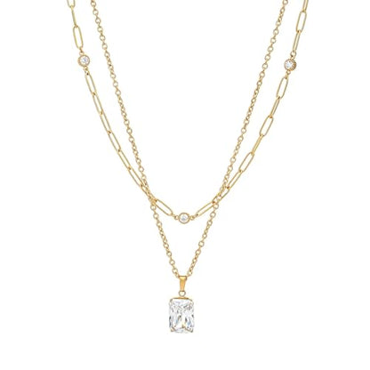 Birthstone Layered Pendant Paperclip Necklace 18k Gold Plated Heart Choker Chain Necklace Emerald Cut Jewelry Birthday Gift for Women - color: Emerald-Cut Diamond