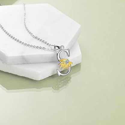 POPLYKE Initial Sunflower Necklace for Women 925 Sterling Sliver Sunflower Pendant Necklace Letter Initial Pendant Chain - style: Sunflower S