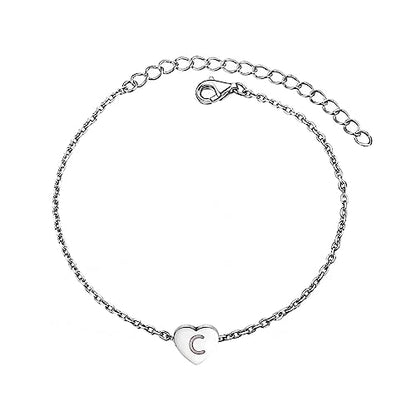 KunBead Initial Engraved Letter Bracelets Dainty Mini Size Heart Love Charm Stainless Steel Bracelets for Women Birthday Jewelry - style: C