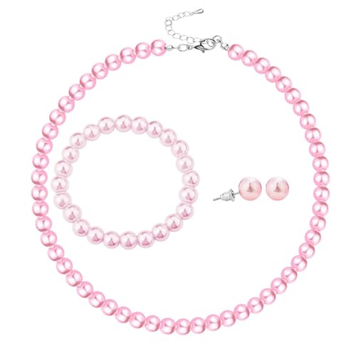 xuzhiyuan 10mm Faux Pearl Jewelry Set for Women, Classic 3-Piece Necklace Bracelet and Earring Set, Hypoallergenic Fashion Jewelry Gift for Mom Wife - color: Pink