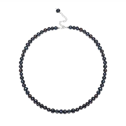 Natural Pearls Necklace, Freshwater Baroque Pearls Necklace for Women's Pearl Strand Choker Necklace 18K Gold Plated & S925 Sterling Silver Clasp White Necklace Chain - color: Black, 5-6mm, Silver Clasp