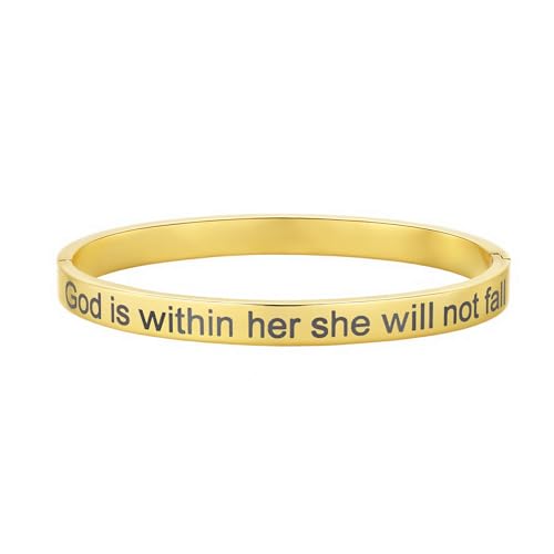 Inspirational Christian Bracelet for Women, Oval Engraved Bible Verse Love Bangle Cuff, Faith Scripture Jewelry, Religious Encouragement Gift for Mom Daughter Sister Friend - color: God is within her she will not fall-Oval Bangle Gold