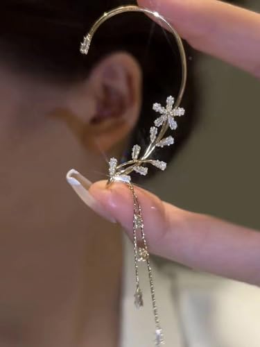 2PCS Flower Tassel Zircon Earrings Ear Cuffs No Piercing Flower Climber Wrap Around Earrings Pearl Drop Earrings for Women Fairy Ear Clip Dainty Wedding Earrings for Brides - color: Style 2 - Gold
