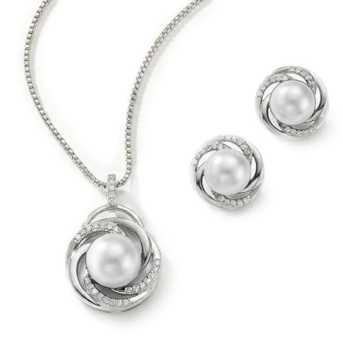Mariell Freshwater Pearl Wedding Necklace Earrings Set for Brides, Bridesmaids, Birthday Gift - color: Silver