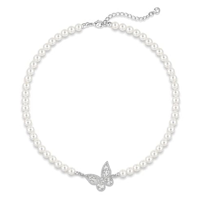 Zeffy Pearl Necklace 4MM/6MM/8MM Dainty Round Imitation Pearl Choker Necklace Wedding Pearl Necklace Delicate Jewelry for Women Simple Bridesmaid Jewelry Gifts - style: 6mm Silver Butterfly Pearl Necklace(18"+2")
