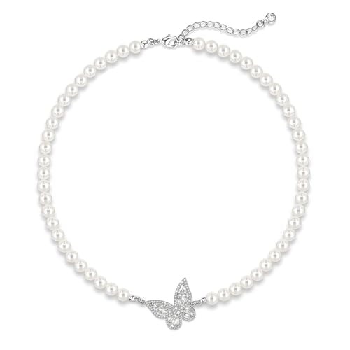 Zeffy Pearl Necklace 4MM/6MM/8MM Dainty Round Imitation Pearl Choker Necklace Wedding Pearl Necklace Delicate Jewelry for Women Simple Bridesmaid Jewelry Gifts - style: 6mm Silver Butterfly Pearl Necklace(18"+2")