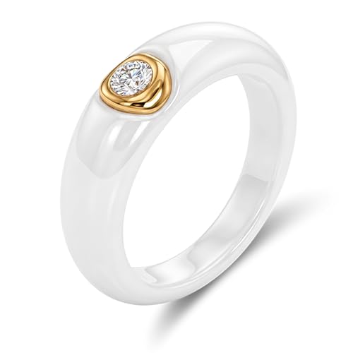Women's Ceramic Wedding Band & Engagement Ring, Black/White - color: White&Gold