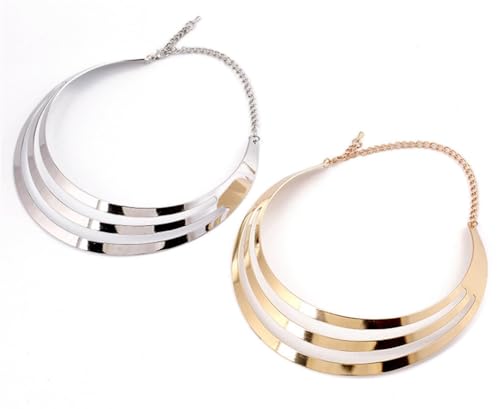 Chunky Gold Necklace Big Statement Chunky Necklace for Women African Tribe Wide Metal Choker Necklaces Jewelry - color: 04 Silver