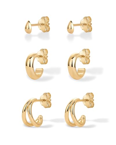 PAVOI Gold Hoop Earrings for Women - 14K-18K Yellow Gold Plated 925 Sterling Silver - Hypoallergenic 3-Pair Small Hoop Earings Set with Cubic Zirconia - Rope Teardrop & Chunky Huggie Styles Earscape Piercings - style: Teardrop
