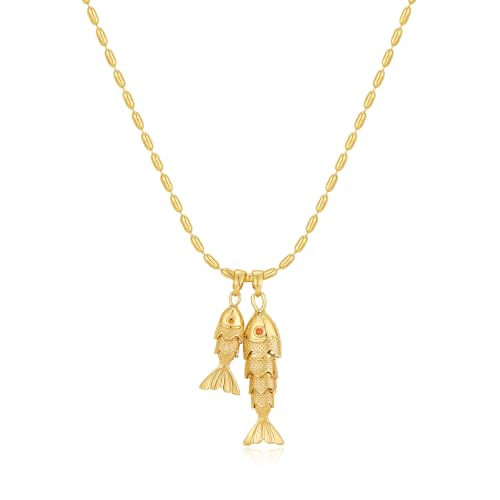 YUJIE Dainty Fish Pendant Necklace for Women 14k Gold Plated Ocean Fish Charm Necklace Summer - color: double fish