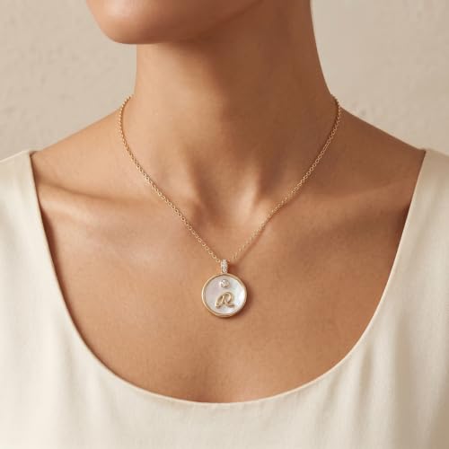 Initial Necklaces for Women Mother of Pearl Gold Letter Necklace Pendant - color: Letter R