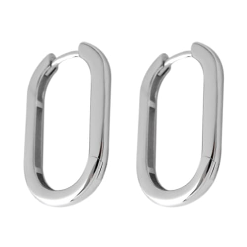 Sterling Silver Long Plain Shiny Oval Square Hoop Cuff Drop Earrings 26mm 2 Tones Rhodium / 18K Gold