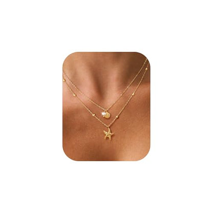 Shell Starfish Charm for Women, Dainty Layered 14K Gold Plated Seashell Conch Starfish Pearl Pendant Necklace for Women Stack Trendy Beach Cuban Link CZ Chain Necklace Summer Vacation Jewelry - color: 2PCS / Starfish & Shell Pearl