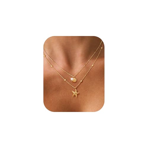 Shell Starfish Charm for Women, Dainty Layered 14K Gold Plated Seashell Conch Starfish Pearl Pendant Necklace for Women Stack Trendy Beach Cuban Link CZ Chain Necklace Summer Vacation Jewelry - color: 2PCS / Starfish & Shell Pearl