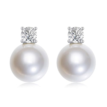 Pearl Earrings for Women 925 Sterling Silver 10MM CZ Pearl Stud | Cubic Zirconia, Dainty Simulated White Pearl Stud Drop Earring, Engagement Wedding Bridal, Hypoallergenic - size: 10MM