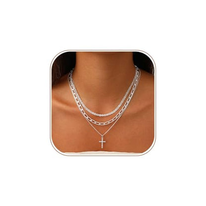 Layered Gold Cross Necklaces for Women, Stack Stackable 14K Gold/Silver Plated Cubic Zirconia Pendant Necklace Set Dainty Choker Layering Necklaces for Women Faith Jewelry Religious Gift - style: Silver-1