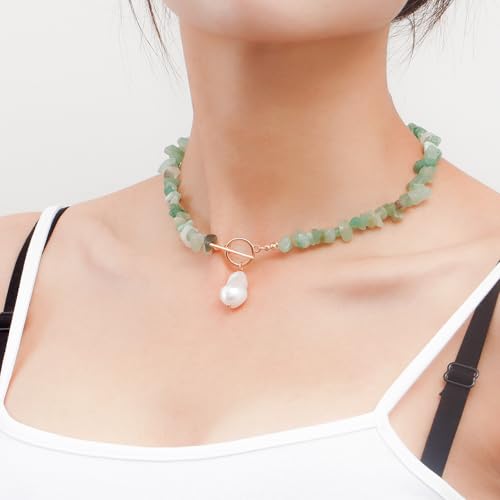 Bohemian Stone Pearl Choker Necklace for Women Dainty Natural Irregular Stone Choker Turquoise Beaded Lariat Necklace Simple Fashion OT Toggle Spiritual Handmade Jewelry - color: Green