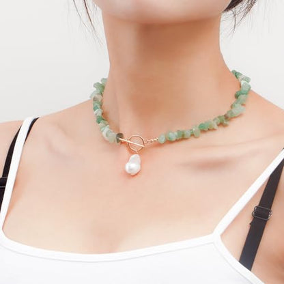 Bohemian Stone Pearl Choker Necklace for Women Dainty Natural Irregular Stone Choker Turquoise Beaded Lariat Necklace Simple Fashion OT Toggle Spiritual Handmade Jewelry - color: Green