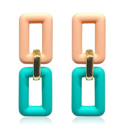 Acrylic Chain Earrings for Women Girls Resin Square Geometric Statement Dangle Drop Earrings Bohemian Retro Paperclip Link Chain Earrings 70s 80s Jewelry Gifts - color: pink+blue