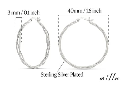 Milla Twisted Hoop Earrings for Women – Hypoallergenic Silver or Gold Statement Hoops – Lightweight & Easy to Wear - color: Silver Plated / 1.6 in / Dainty