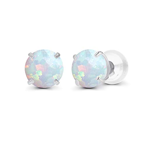 Solid 925 Sterling Silver Gold Plated 6mm Round Genuine Birthstone Gemstone Hypoallergenic Stud Earrings For Women - color: Opal Created