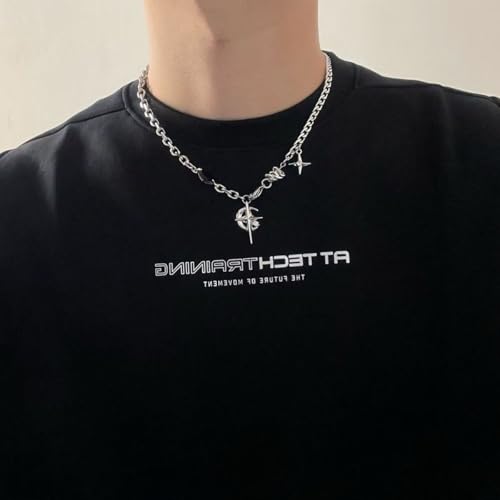 Stainless Steel Star Moon Starburst Pendant Necklace, Punk Black Onyx CZ Chain Necklace for Men Women, Hip Hop Y2K Cool Jewelry Gift