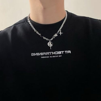 Stainless Steel Star Moon Starburst Pendant Necklace, Punk Black Onyx CZ Chain Necklace for Men Women, Hip Hop Y2K Cool Jewelry Gift