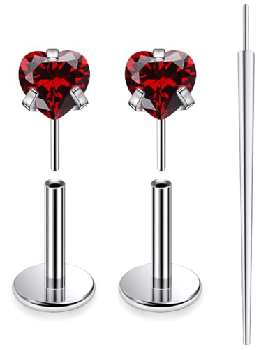 20G 18G 16G F136 Titanium Threadless Flat Back Earrings Nose Studs Tragus Forward Helix Conch Cartilage Lobe Earrings Medusa Labret Snake Bite Monroe Lip Ring Piercing Jewelry For Women Men - color: Red, size: 16G-6MM Bar-CZ 3MM