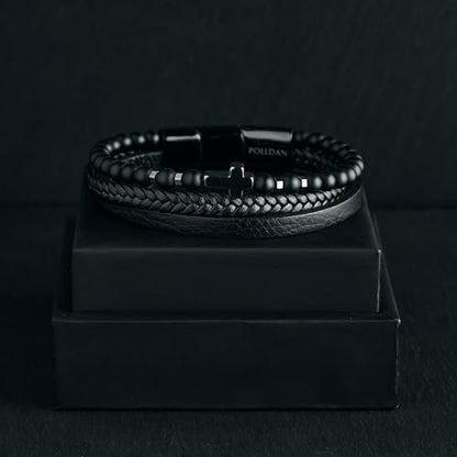 Cross Bracelet for Men - Genuine Leather Religious Bracelets | Stylish Christian Bracelet for Men - Perfect Faith Accessory | Mens Cross Bracelet - Christian Jewelry - style: Shadow