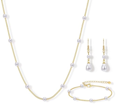 YADOCA Gold Pearl Jewelry Set for Women Bride Bridal Bridesmaid jewelry | 16K Gold Plated Pearl Layered Choker Necklace Earring Bracelets Set Dainty Wedding jewelry Set Gifts - style: Style-C