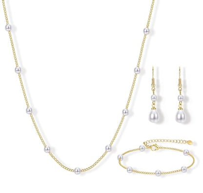 YADOCA Gold Pearl Jewelry Set for Women Bride Bridal Bridesmaid jewelry | 16K Gold Plated Pearl Layered Choker Necklace Earring Bracelets Set Dainty Wedding jewelry Set Gifts - style: Style-C