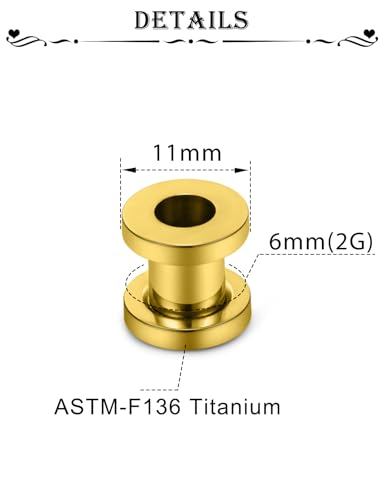 Astm F136 Titanium Ear Gauges Screw Fit Flesh Tunnels Plugs Gauges Earring Expander Stretcher Ear Tunnels For Ears 10G 8G 6G 4G 2G 0G 00G Plug Earrings Body Piercing Jewelry For Women Men - color: 2G Tunnels, Gold