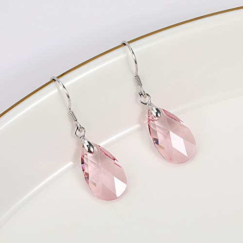 Austrian Crystal Teardrop Drop Earrings for Women, French Hook | 925 Sterling Silver Hook, Crystal Dangle Earrings, Sparkly Teardrop Stone, Lightweight Feel, Day-To-Evening Wear - color: Pink