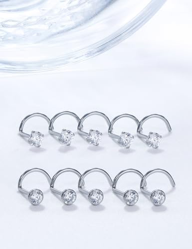 18G 20G 22G Stainless Surgical Steel Titanium Nose Rings Studs for Women L Shaped Nose Studs Screw Nose Rings Nostrial Piercing Jewelry for Women Men Silver Gold Black - style: 20G/2.5mm CZ/Screw/Titanium