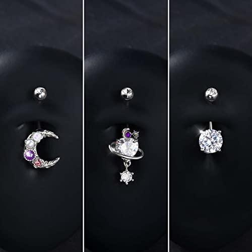 Jewseen 3PCS Belly Button Ring Dangle Surgical Steel Zircon Opal Moon Star Planet Space Design Navel Ring 14G Curved Barbell Fashion Piercing Jewelry - color: moon