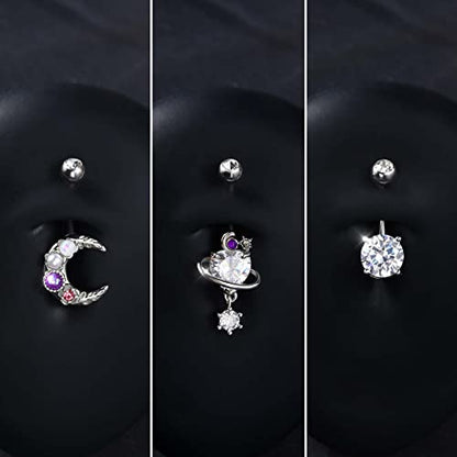 Jewseen 3PCS Belly Button Ring Dangle Surgical Steel Zircon Opal Moon Star Planet Space Design Navel Ring 14G Curved Barbell Fashion Piercing Jewelry - color: moon