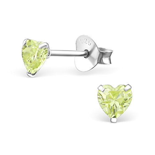 925 Sterling Silver 4mm Heart Birthstone CZ Stud Earrings 33210 (Choose Your Color) (Nickel Free) - color: Peridot