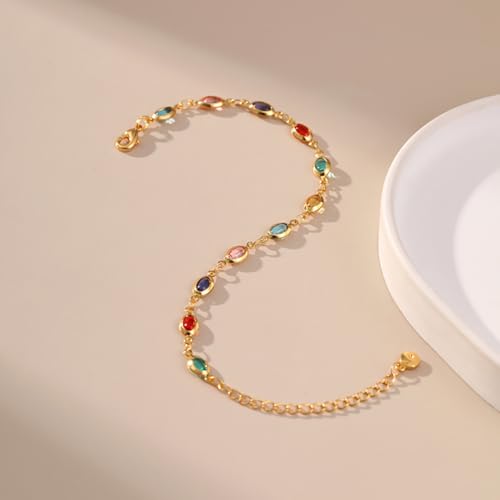18K Gold Plated Anklet for Women Multicolor Crystal Ankle Bracelets Boho Adjustable Chain Anklets - color: Oval
