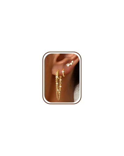 Tassel Chain Small Gold Hoop Dangle Earring For Women Huggie Earring Heart Star CZ 14K Gold Plated Fashion Jewelry Graduation Gift for Her Mothers Day Gifts for Mom - color: Gold-3 Pairs A
